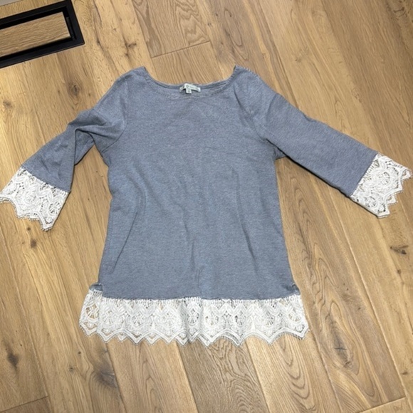 cleo Tops - Cleo Lace Trim Gray 3/4 Sleeve Blouse